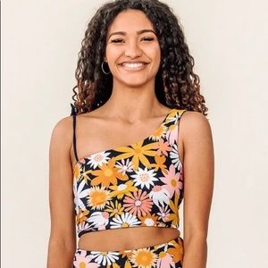 Lime Ricki Reversible Wildflower/Midnight One Shoulder Crop Swim Top